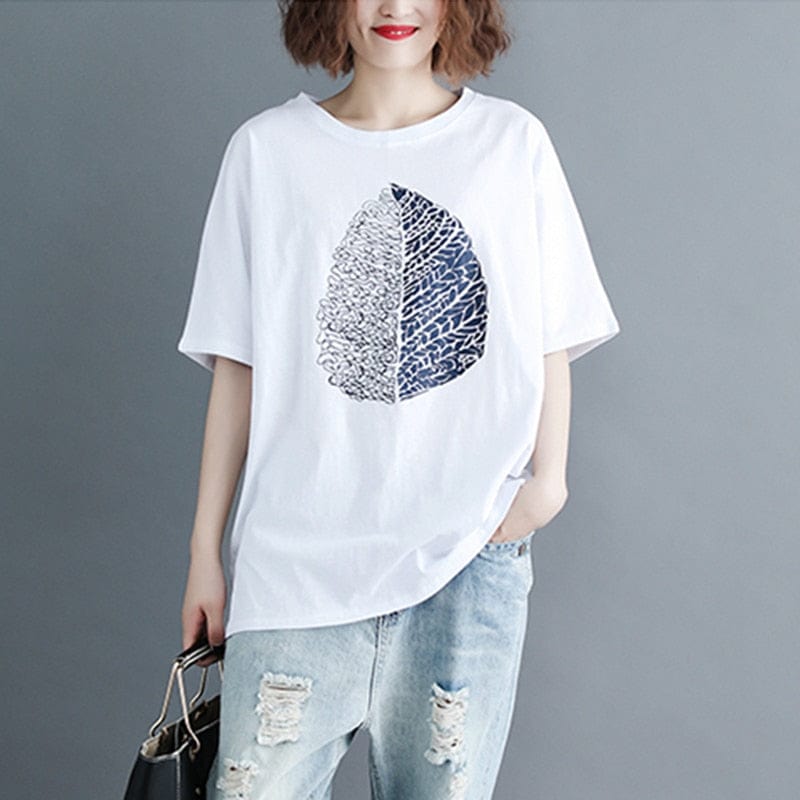 Buddha Trends blanco / L Camiseta extragrande de algodón con estampado de hojas