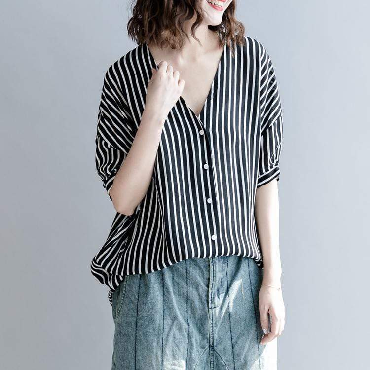 Buddha Trends White on Black / One Size Black and White Striped Blouse