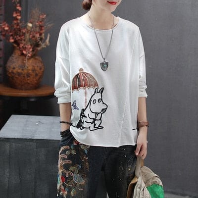 Buddha Trends White / One Size Cartoon Embroidered Long Sleeve Shirt