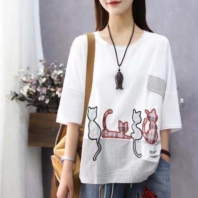 Buddha Trender Vit / One Size / Kina Tecknad Cat Loose Casual T-shirts