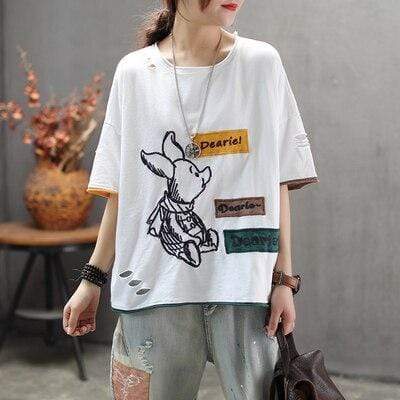 Piglet Embroidered Patchwork T-shirt