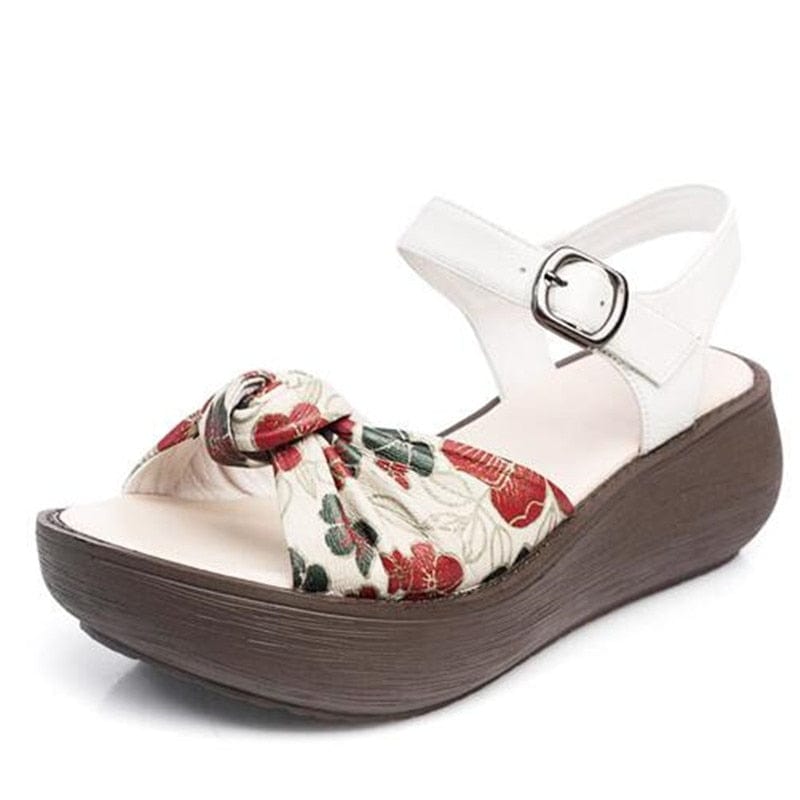 Buddha Trends bílý potisk / 5 ručně vyráběných retro kožených sandálů s květinovou platformou