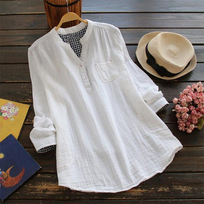 Белая повседневная свободная блузка с V-образным вырезом и длинным рукавом Buddha Trends