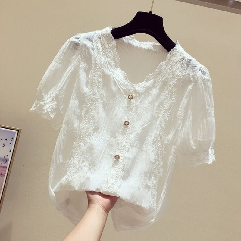 Buddha Trends White / S Camisetas coreanas bordadas con encaje