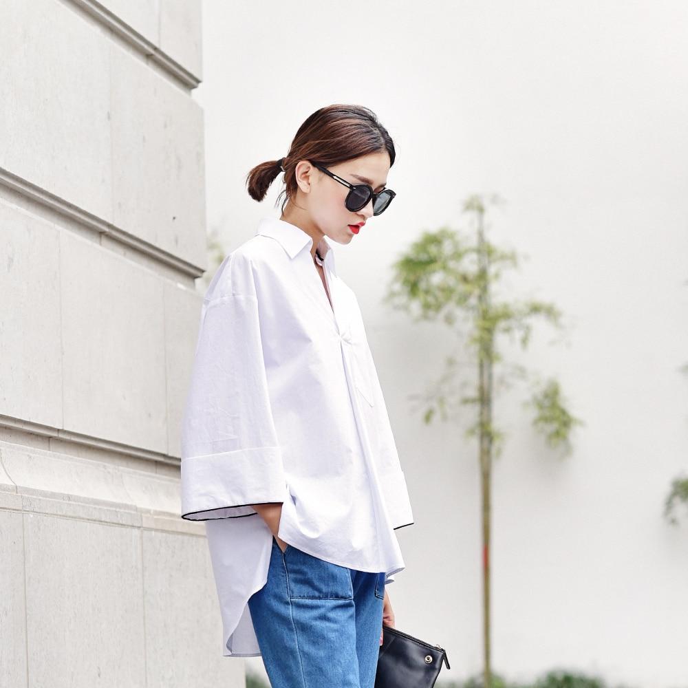 Buddha Trends Camisa de algodón holgada baja alta blanca / S