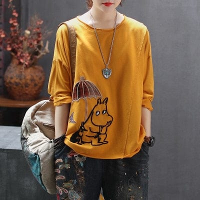 Buddha Trends Yellow / One Size Cartoon Embroidered Long Sleeve Shirt