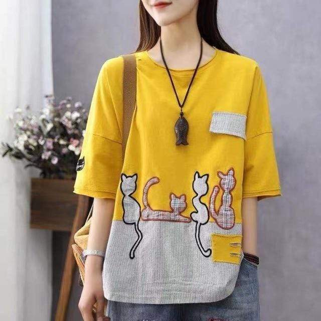 Buddha Trender Gul / One Size / Kina Tecknad Cat Loose Casual T-shirts