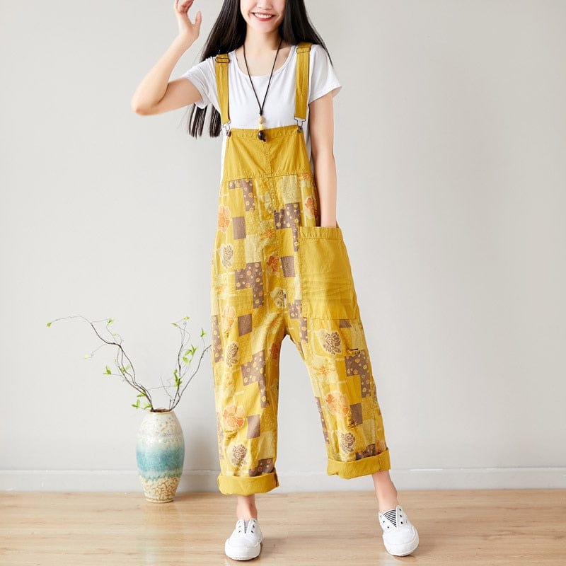 Buddha Trends yellow / One Size Floral Exotic Loose Denim Overall