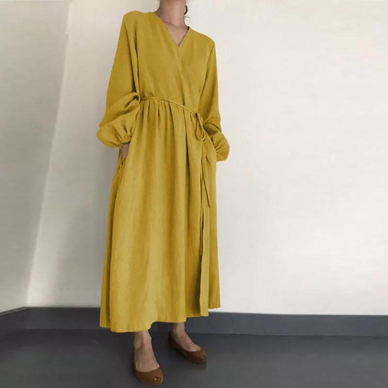 فستان بوذا تريندز أصفر / صغير كاجوال وبسيط كبير الحجم