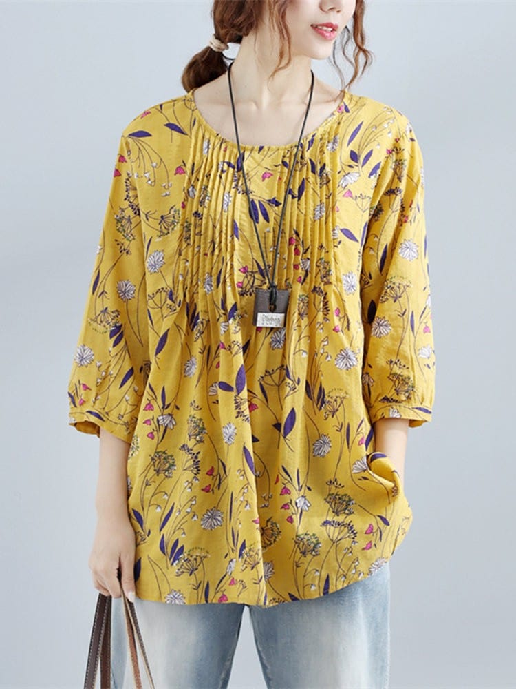 Buddha Trends Yellow / S Vintage Floral πλισέ πουκάμισο