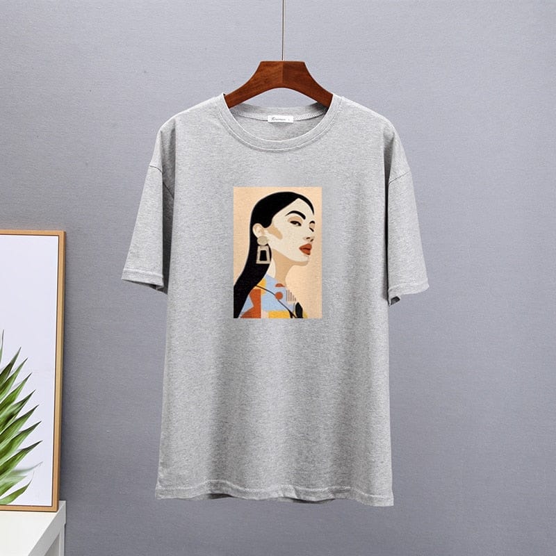 Buddhatrends 1- Grey / L Cartoon Summer Printed O-Neck Shirt