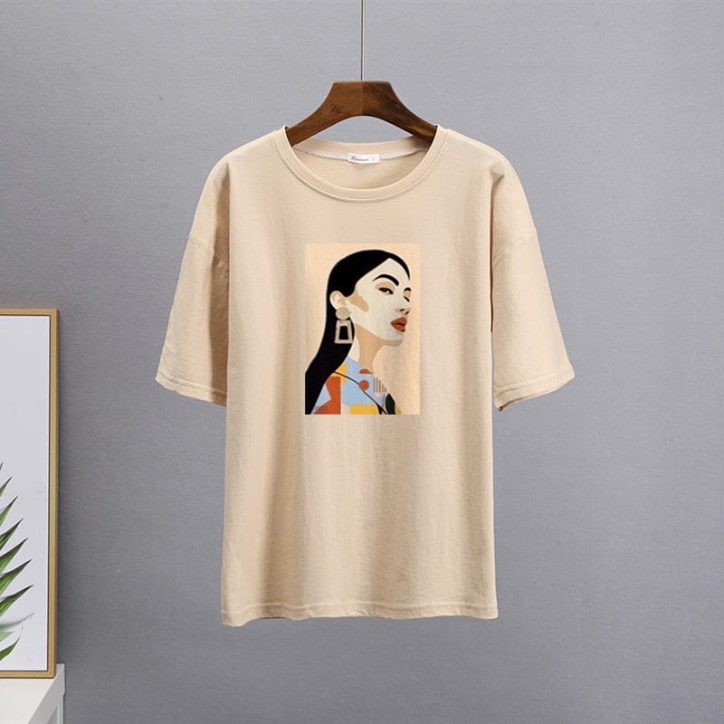 Buddhatrends 5-Khaki / L Cartoon Summer Printed O-Neck Shirt