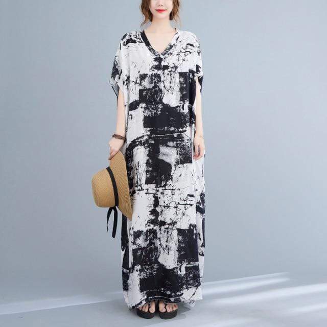 Buddhatrends 5104 / One Size Abstracto Black and White Kaftan Dress