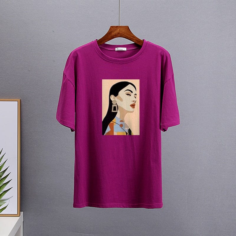 Buddhatrends 6-Purple red / L Cartoon Summer Printed O-Neck Shirt