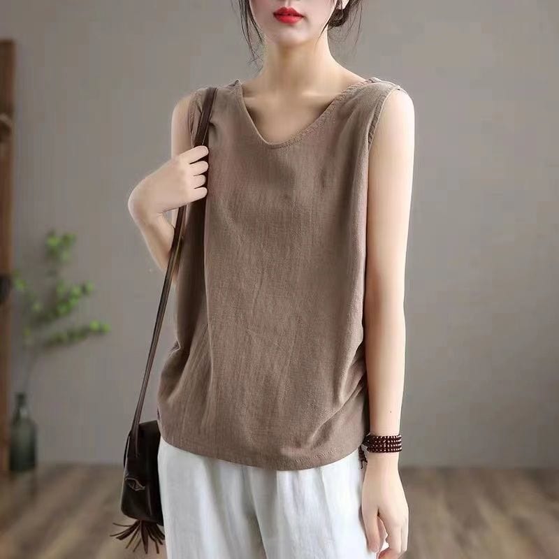 Buddhatrends 6622 Brown / S Mimy Cotton Line V-neck Top