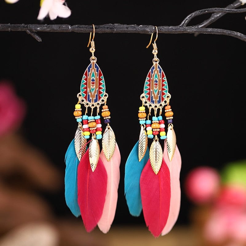 Buddhatrends 9 Boho Colorful Long Feather Earrings