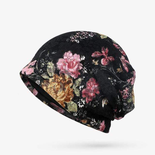 Buddhatrends Beanie Hats Černý Haley květinový ležérní beanie klobouk