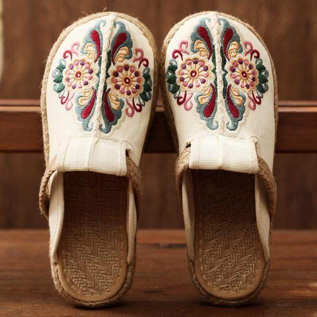 Buddhatrends Beige / 6 Asian Embroidery Hemp &amp; Cotton Loafers