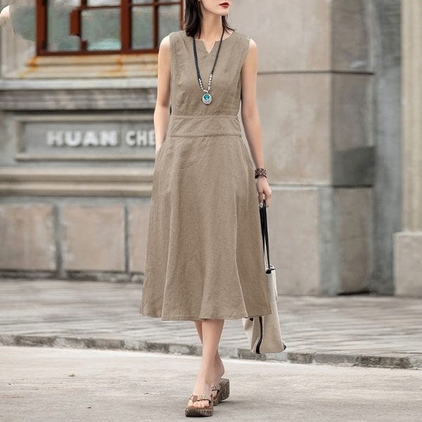 Buddhatrends Beige / S Poly sleeveless Solid Midi gúna