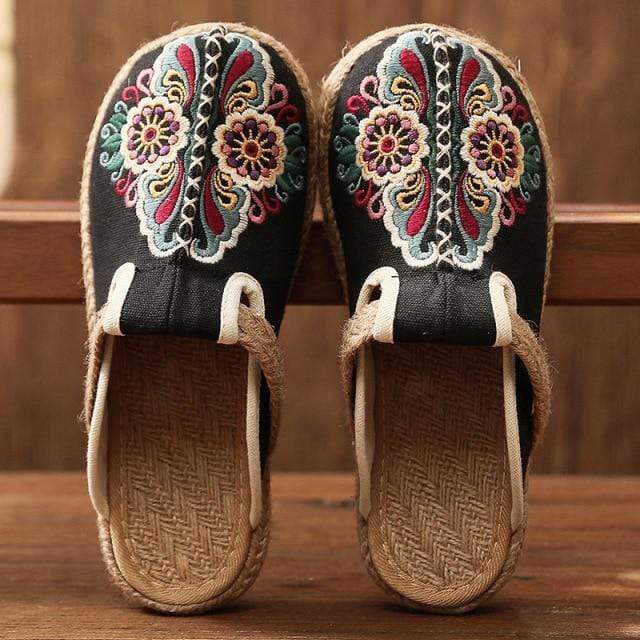Buddhatrends Black / 8.5 Asian Embroidery Hemp &amp; Cotton Loafers