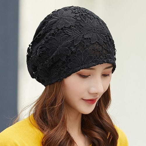 Buddhatrends Black Floral / one size Lace Flower Beanies