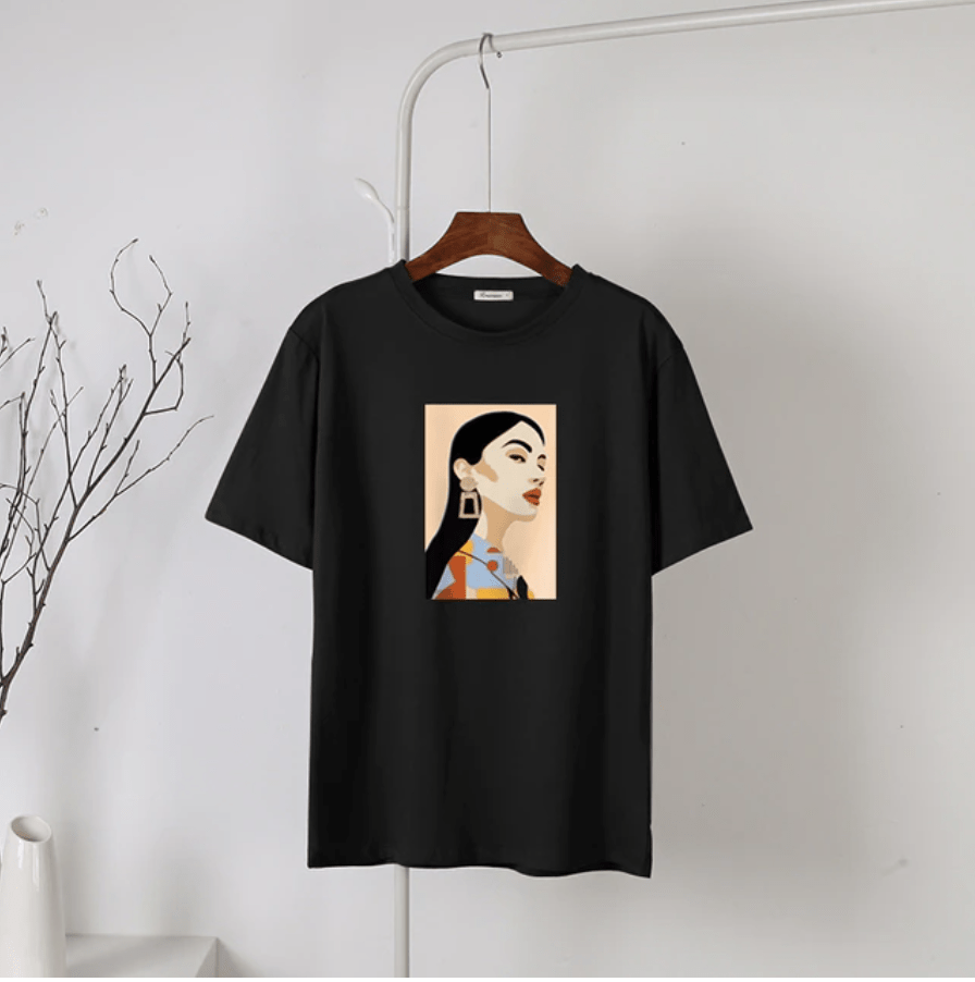 Buddhatrends قميص أسود / L كارتون صيفي مطبوع برقبة دائرية
