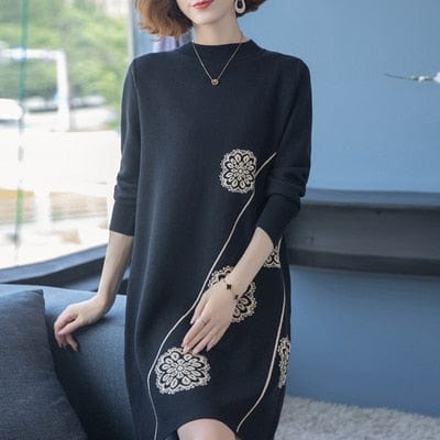 Buddhatrends μαύρο / L Floral πλεκτό πουλόβερ φόρεμα