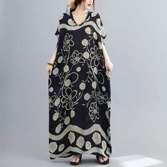 Buddhatrends Μαύρο / Λουλουδάτο φόρεμα Kaftan με ένα μέγεθος