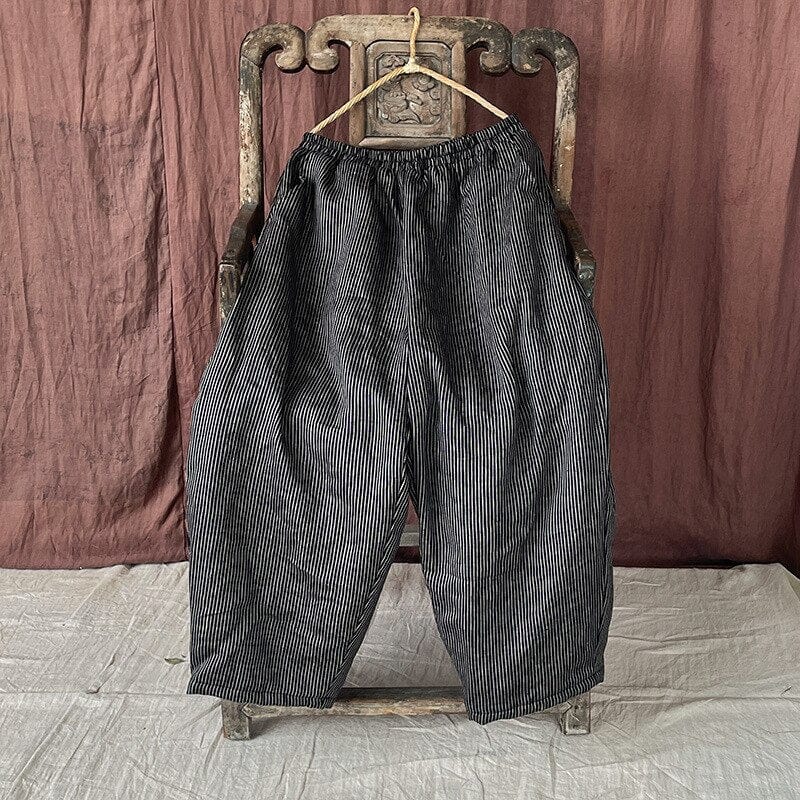 Buddhatrends Black / One Size Elastic Waist Striped Padded Pants
