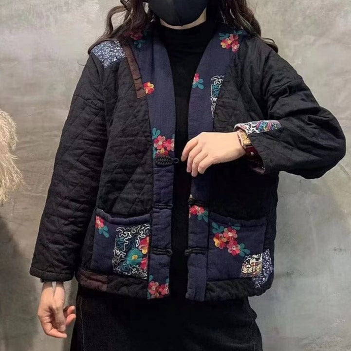 Buddhatrends Black / One Size / China Floral Vintage Print Quilted Jacket