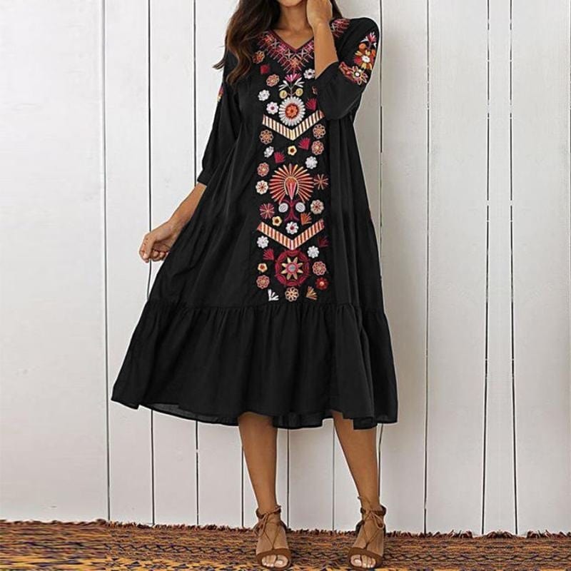 Buddhatrends Black / S Bohemian Floral Midi Dress