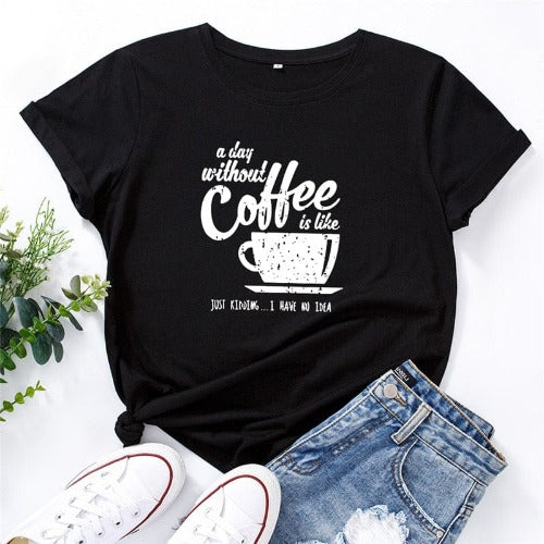 Buddhatrends Black/S Letter Coffee Cup Tryckt O-hals T-shirt