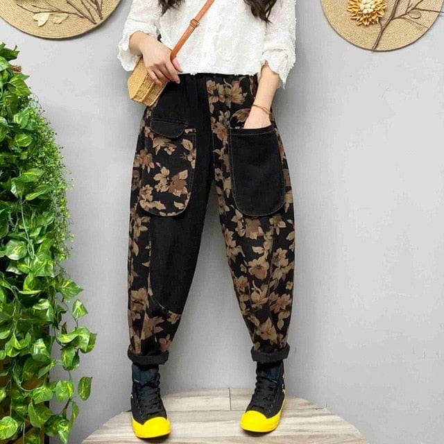 Buddhatrends Negro / XL Pantalones harén con estampado floral retro