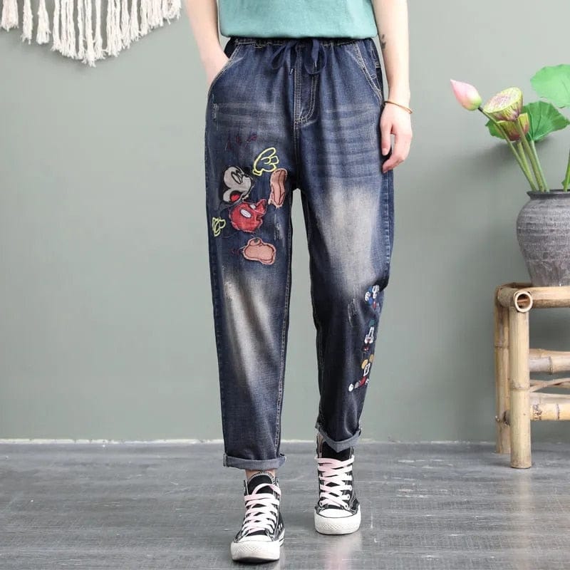 Отбеленные синие джинсы с мультяшной вышивкой в ​​стиле ретро Buddhatrends в стиле ретро