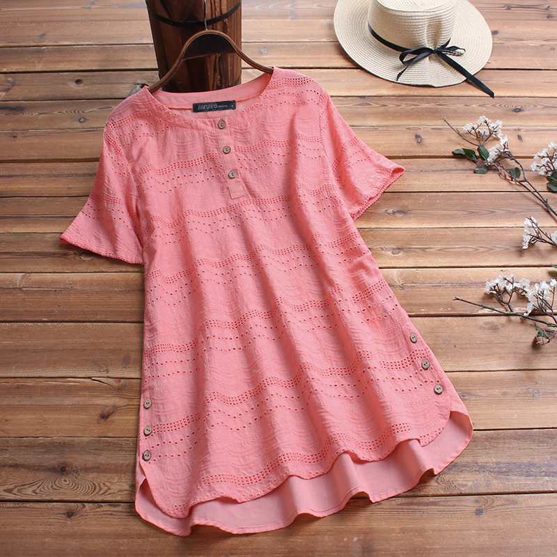 Buddhatrends Blouse 4XL / Pink Asymmetrical Summer Embroidery Shirt