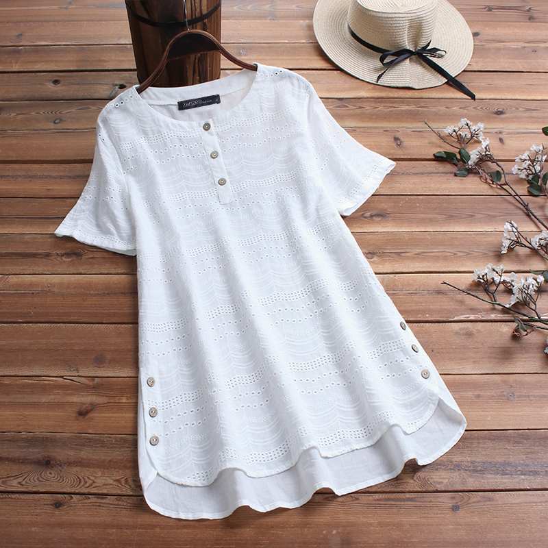 Buddhatrends Blouse 4XL / white Asymmetrical Summer Embroidery Shirt