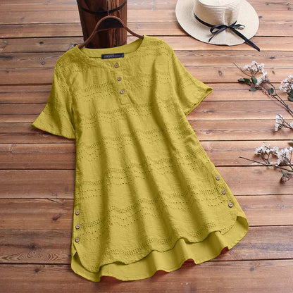 Buddhatrends Blouse 4XL / Yellow Asymmetrical Summer Embroidery Shirt