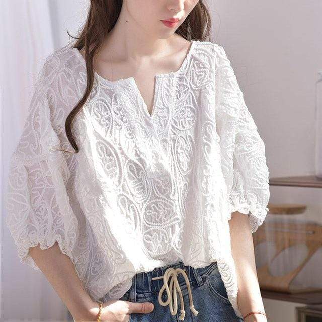 Buddhatrends Blouse White / L Melody Embroidered Lace Blouse