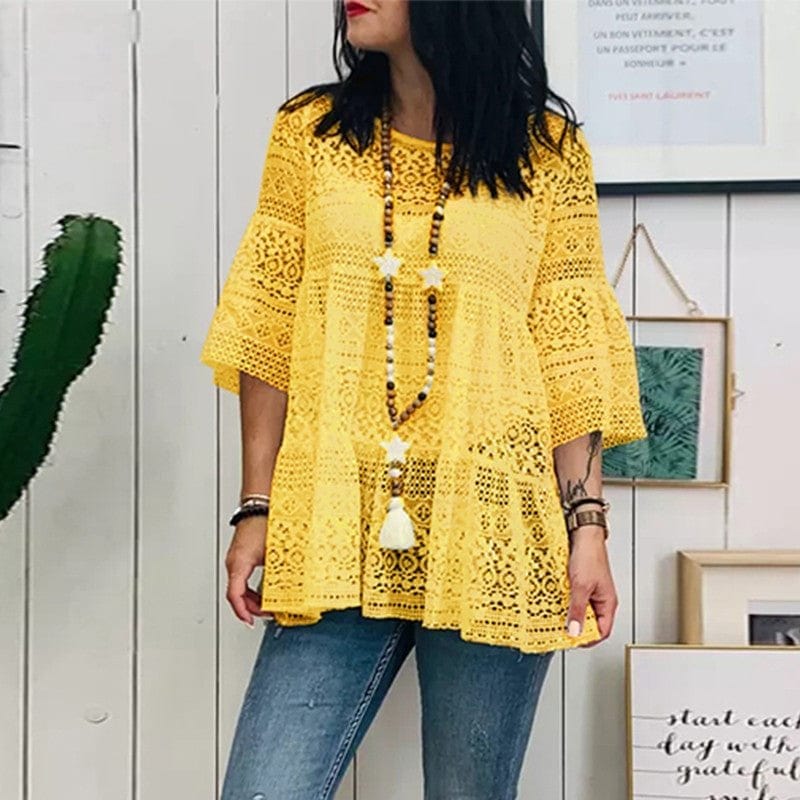 Buddhatrends Blouse Yellow / L Bohemian Summer Lace Crochet Blouse
