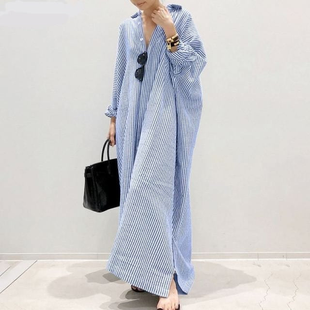 Buddhatrends Blue / 5XL Saray Striped Oversized Maxi Shirt Dress
