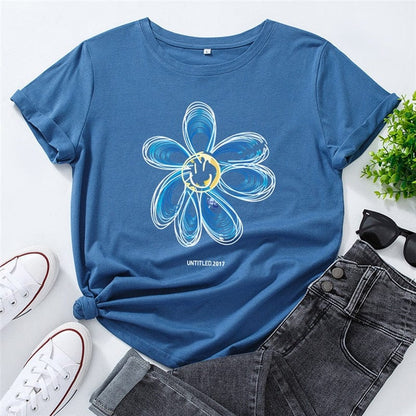 Buddhatrends Blue Flower Printed T-Shirt