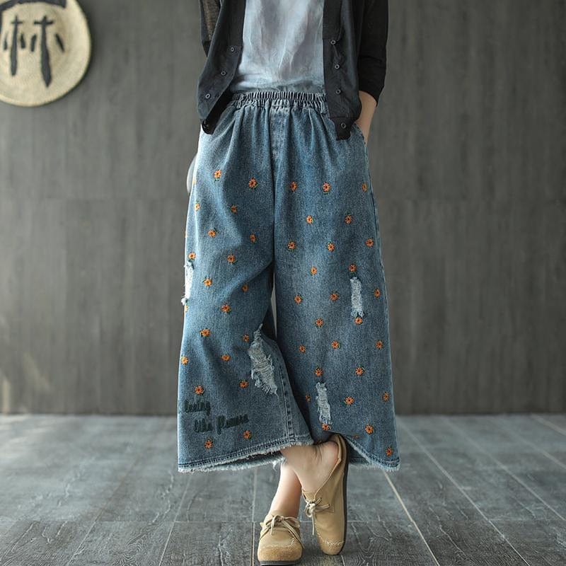 Рваные джинсовые брюки с вышивкой Buddhatrends Blue / M