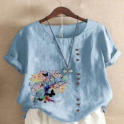 Buddhatrends Blue / S Jania Tree Printed O-Neck Blouse