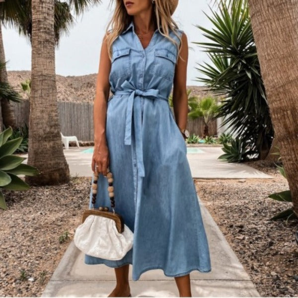 Buddhatrends Blue / S Sleeveless Single Breasted Jeans Dress
