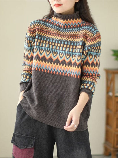 Buddhatrends Brown / One Size Geometric Print Turtleneck Sweater