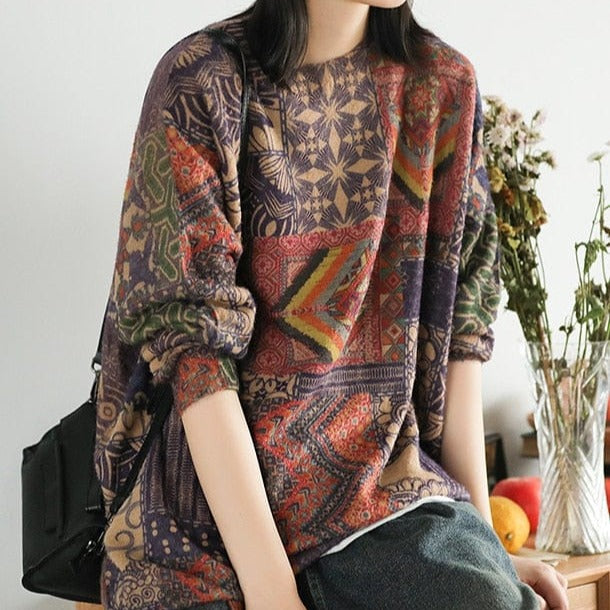 Buddhatrends Brown / One Size Knitting Retro Geometric Print Top