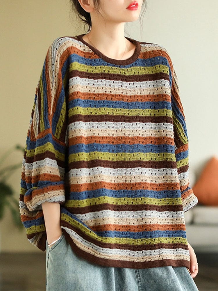 Вінтажний светр у смужку Buddhatrends коричневого/одного розміру з круглим вирізом