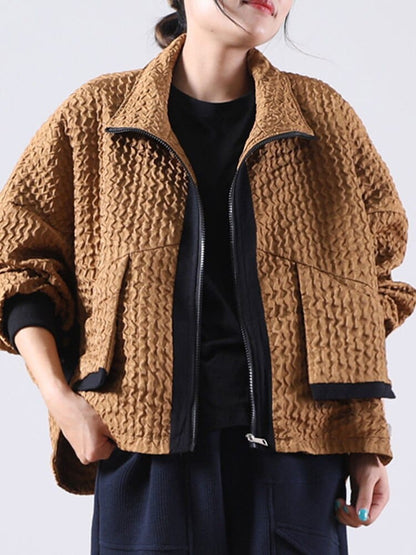 Buddhatrends Brown / One Size Patchwork Zipper Loose Coat