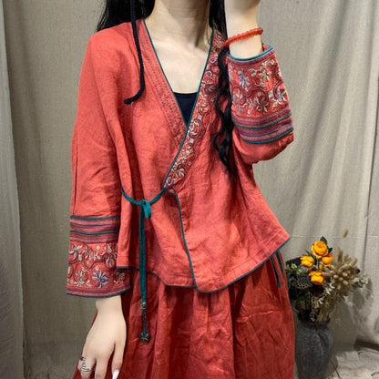 Buddhatrends Chinese Top Orange / One Size Esmeralda V-Neck Embroidered Wrap Blouse