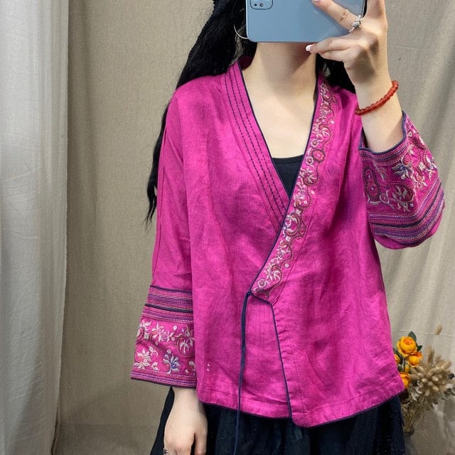Buddhatrends Chinese Top Pink / One Size Esmeralda V-Neck Embroidered Wrap Blouse